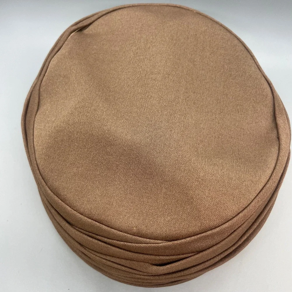 Vintage Stix Baer & Fuller Custom Made Pillbox Hat Tan Pleated Mid Century MCM